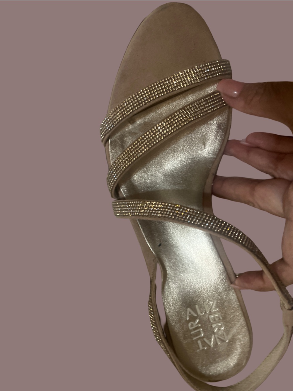 Naturalizer Taupe Rhinestone-Strap Mid Block Heel Sandals